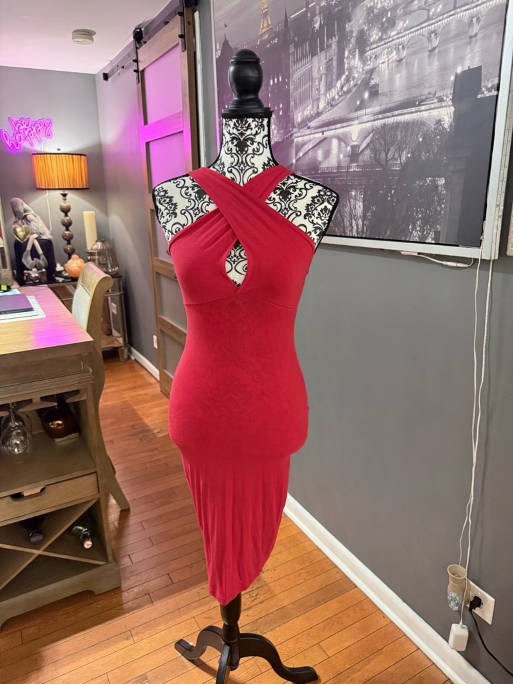 Arden B Red One-Shoulder Cross-Front Midi Dress